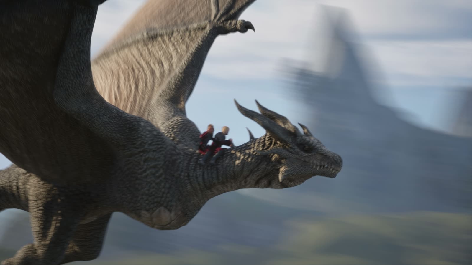 Dragon in flight above a valley