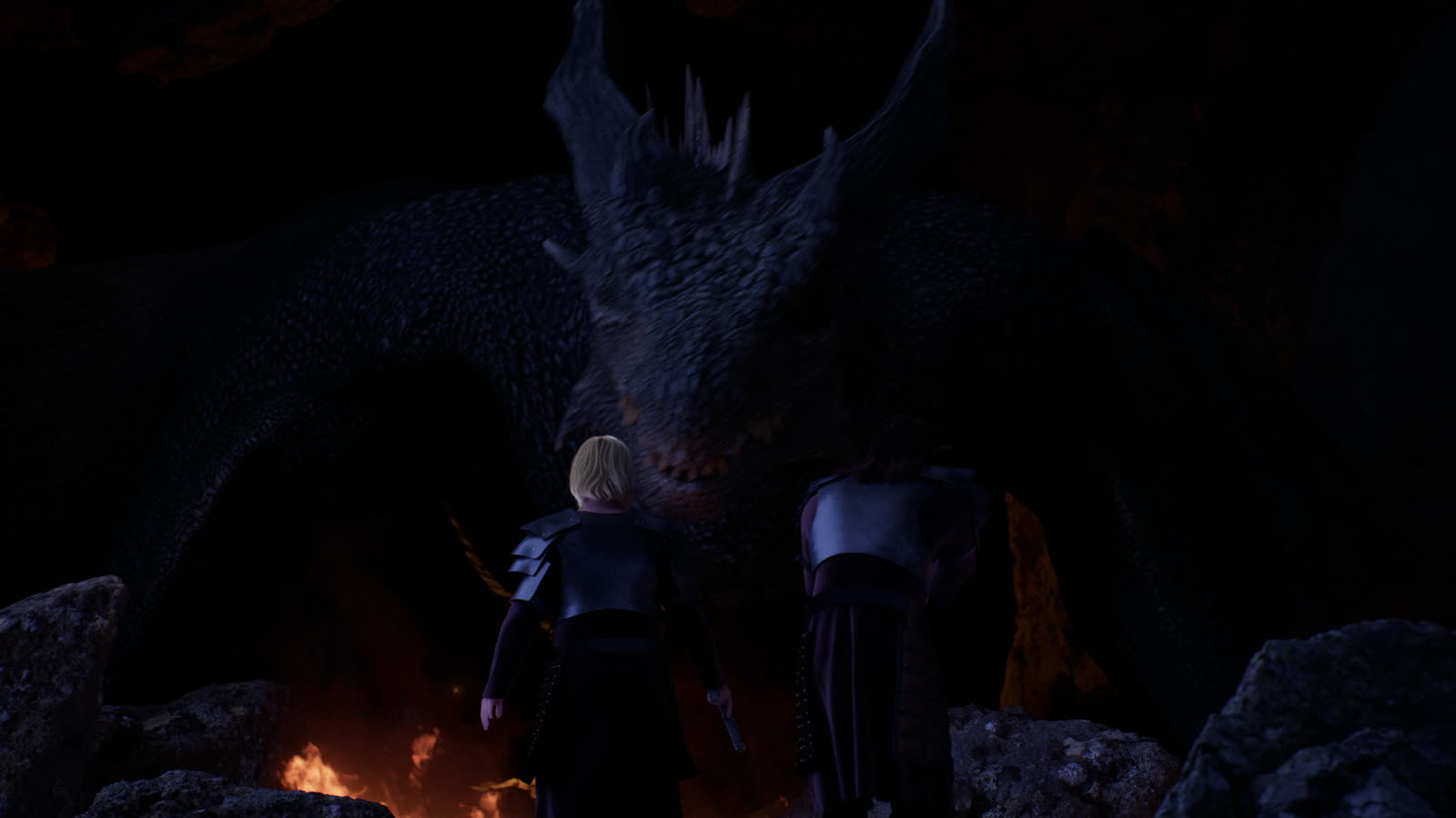 Dragon inside a cave lit by fire