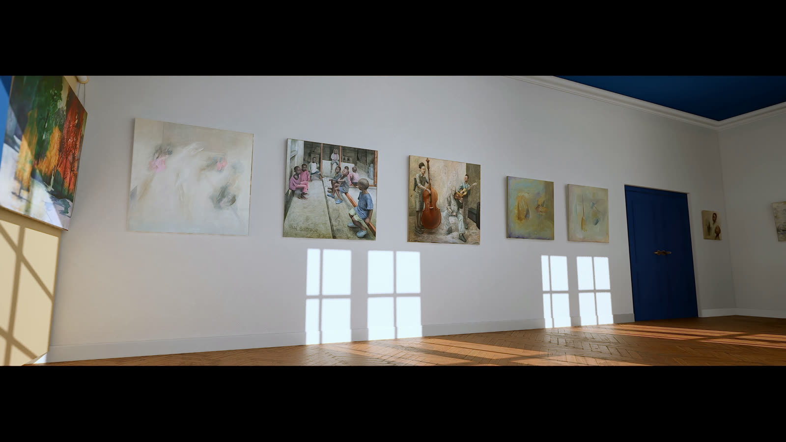 Galería de arte virtual con cuadros y suelo de madera