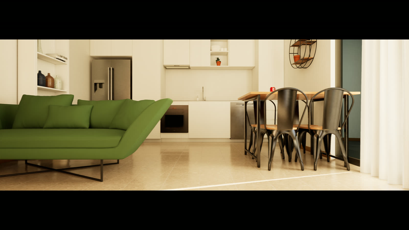 Salón con sofá verde a mediodía