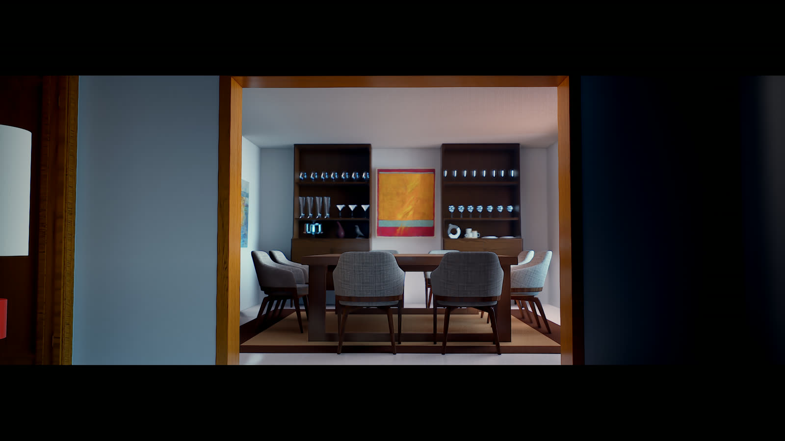 Comedor en penumbra con ventanal