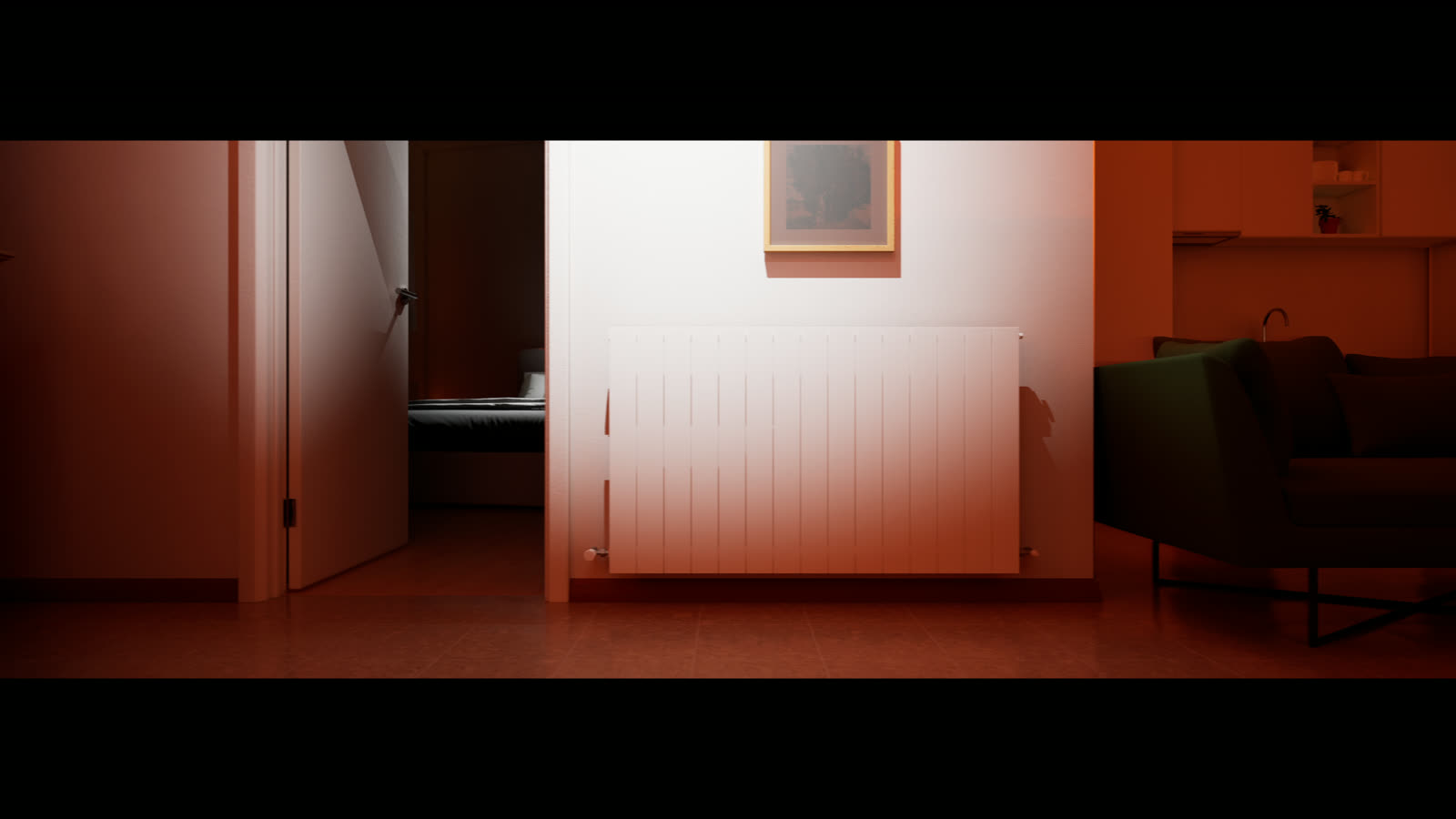 El mismo salón de noche con iluminación artificial