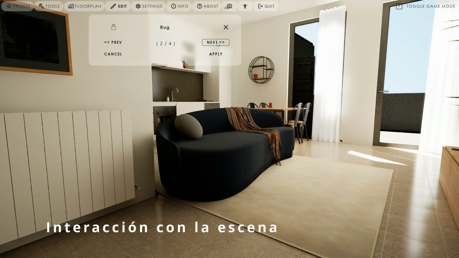 Demo interactiva: interacción con la escena sobre salón blanco