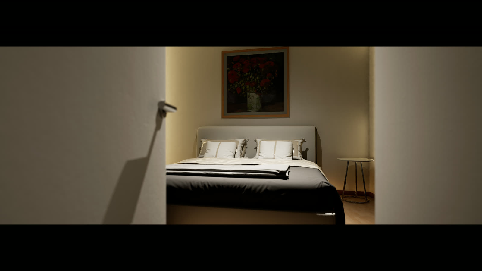 Dormitorio con cuadro floral e iluminación cálida