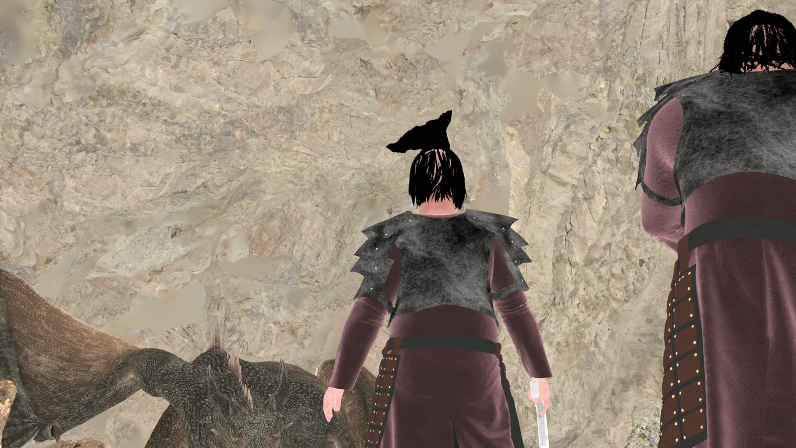 Armoured character facing a dragon in a rocky gorge