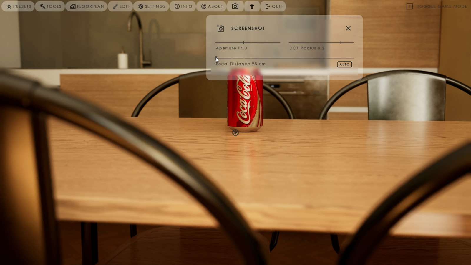 Demo interactiva: salón con panel de cámara cinematográfica y selector de mesa en pantalla