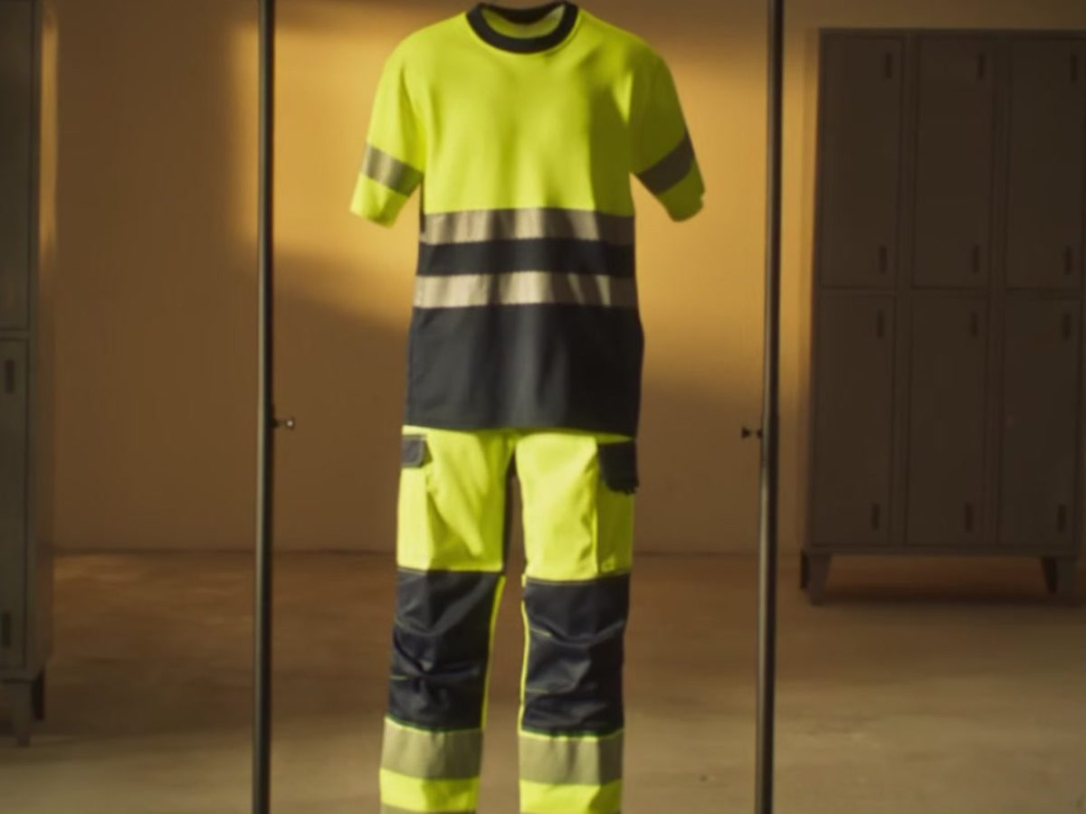 Fotograma del spot de Velilla: uniforme de trabajo colgado en un perchero