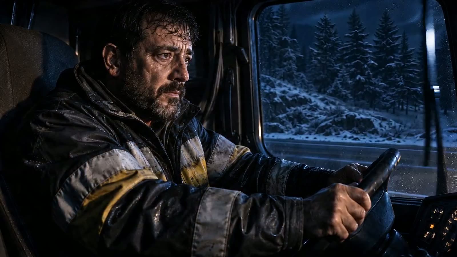 Camionero al volante en cabina, luz cálida