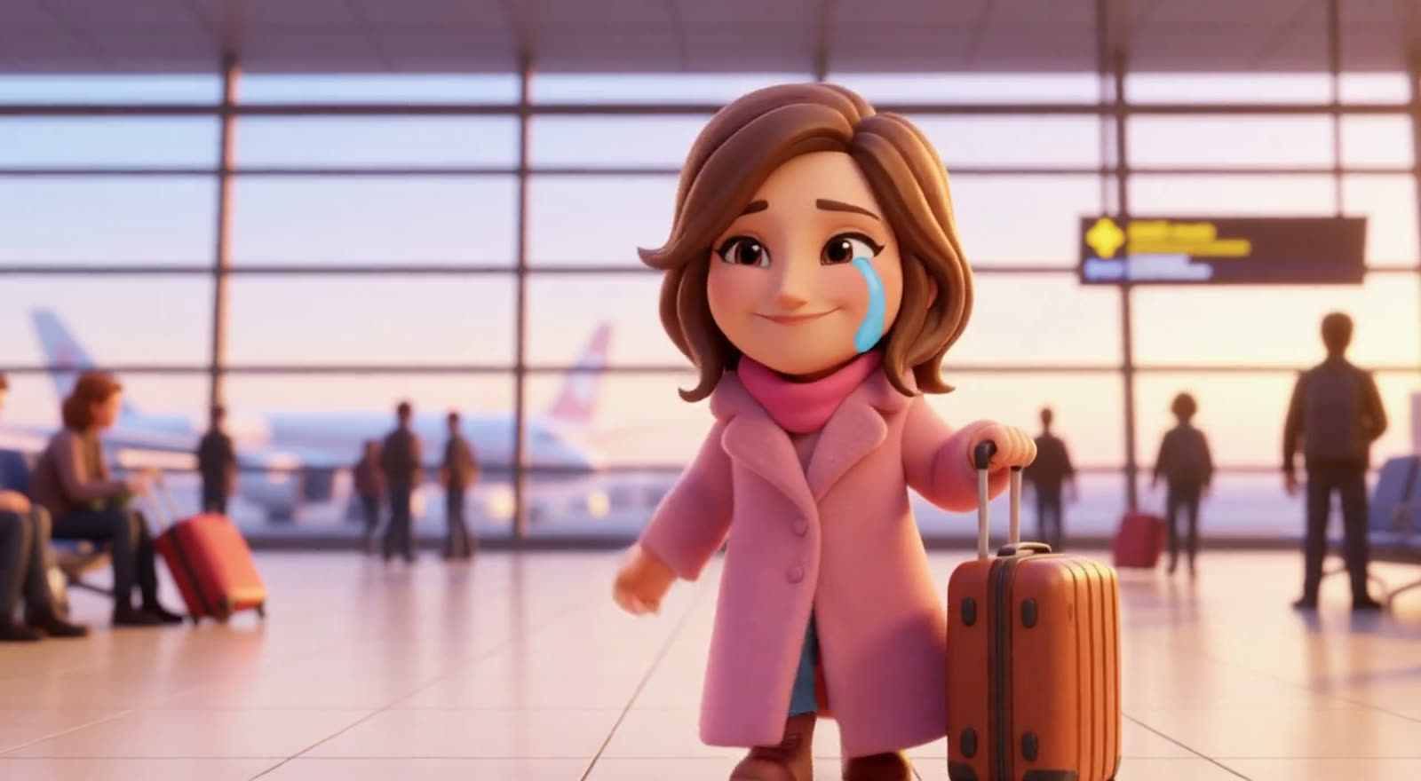 Personaje animado estilo 3D con maleta en un aeropuerto