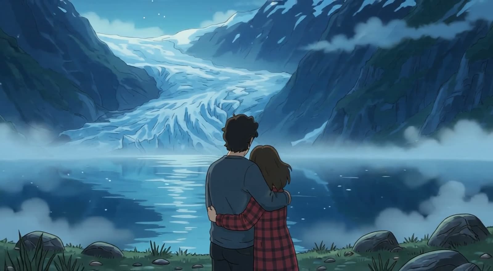 Pareja abrazada ante un lago glaciar, estilo anime
